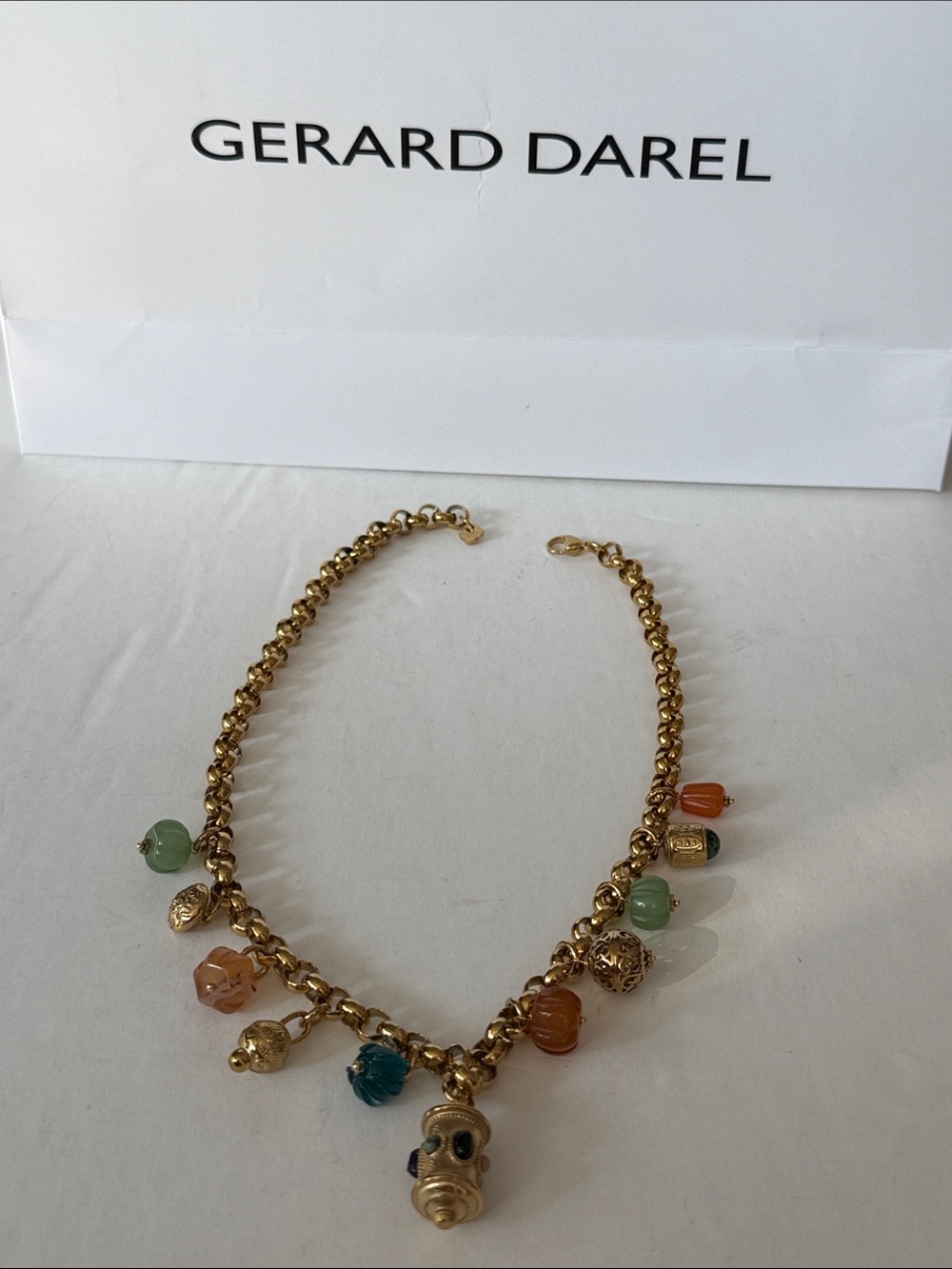 Gerard Darel Gold Necklace with Green, Orange and Blue Charms